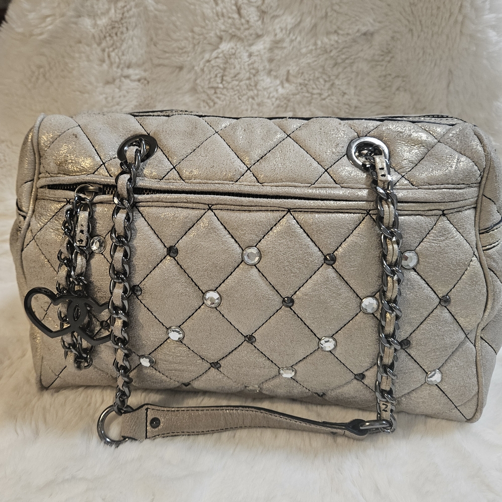 Betsey Johnson 100% Genuine Leather Gold Quilted Satchel Leopard Lining